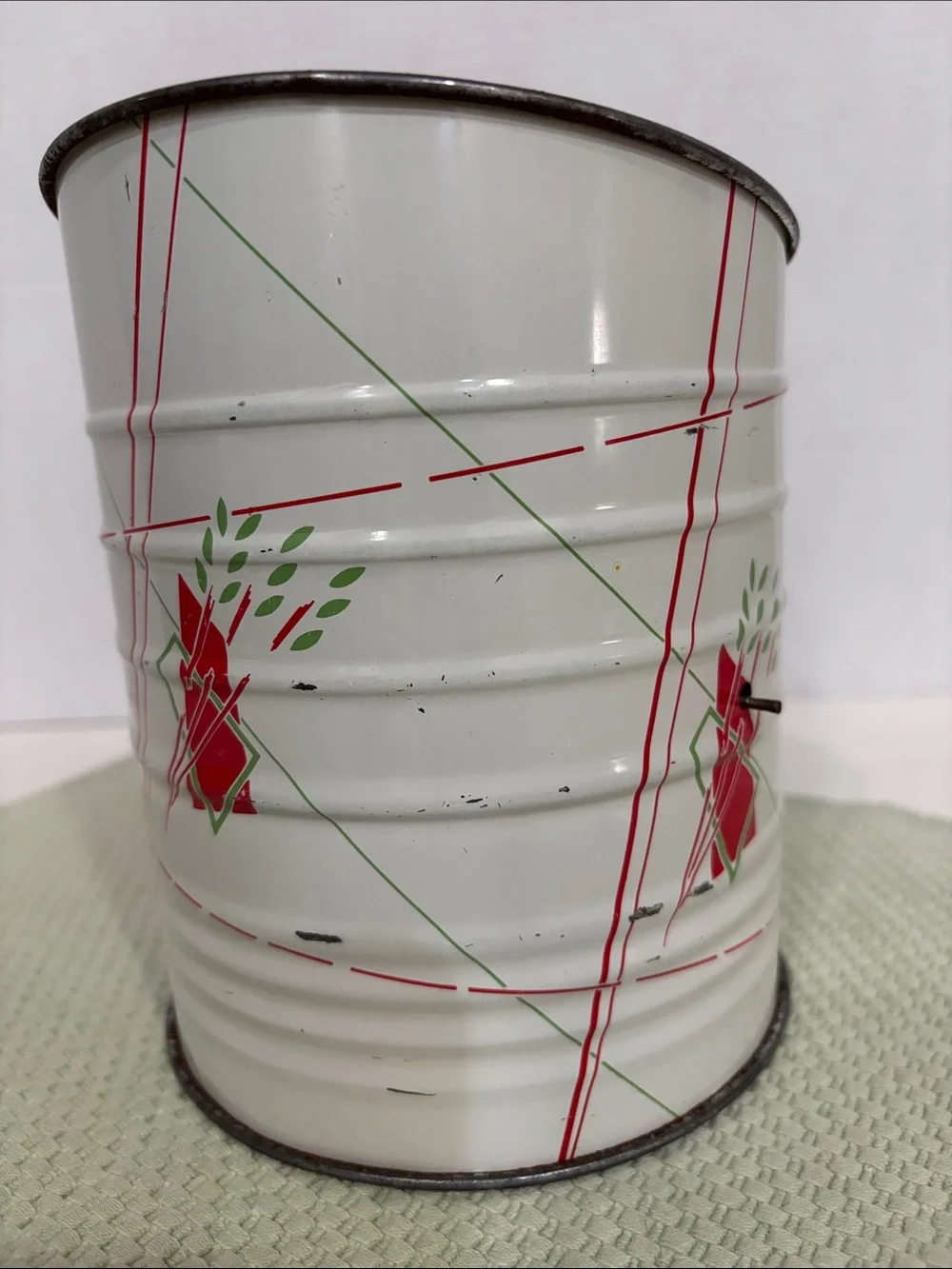 Vintage Hand Crank Flour Sifter - White with Red Accents